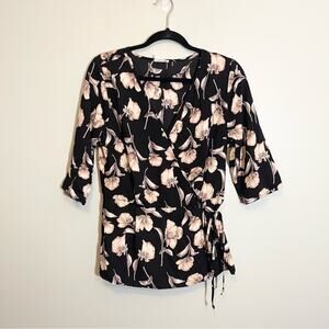 Sienna Sky Womens Floral Print Surplice Neck 3/4 Sleeve Wrap Blouse Black Large